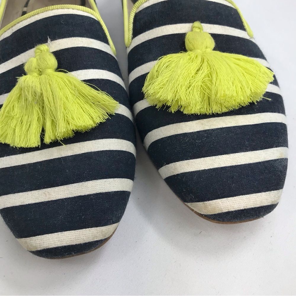 Boden Evelina Navy Blue White Stripe Neon Tassel Slip on Nautical Ballet Flats - Picture 11 of 16